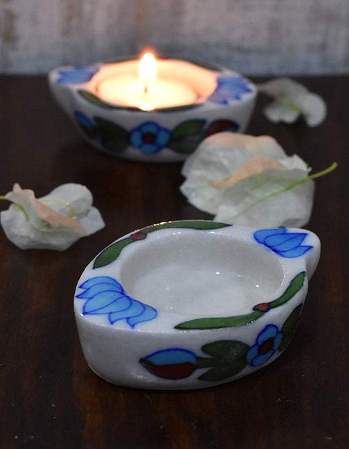 Blue Pottery T-Light Holder Set Of 2 Pcs.